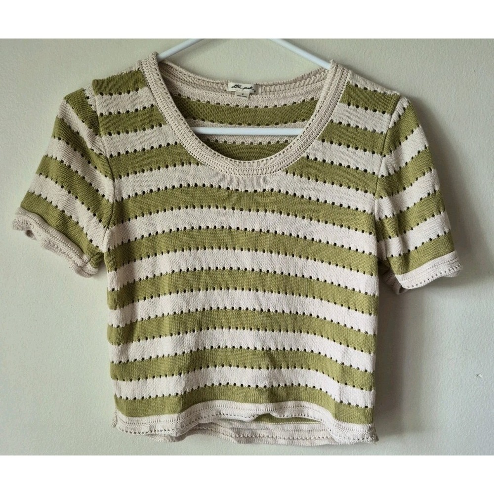 Ultra Pink Short Sleeve Cropped Green Striped Open-knit Pointelle Sweater Size M